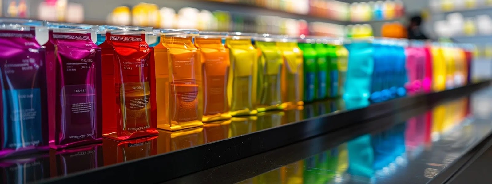 vibrant array of colorful nicotine pouch flavors displayed on a sleek, modern countertop.