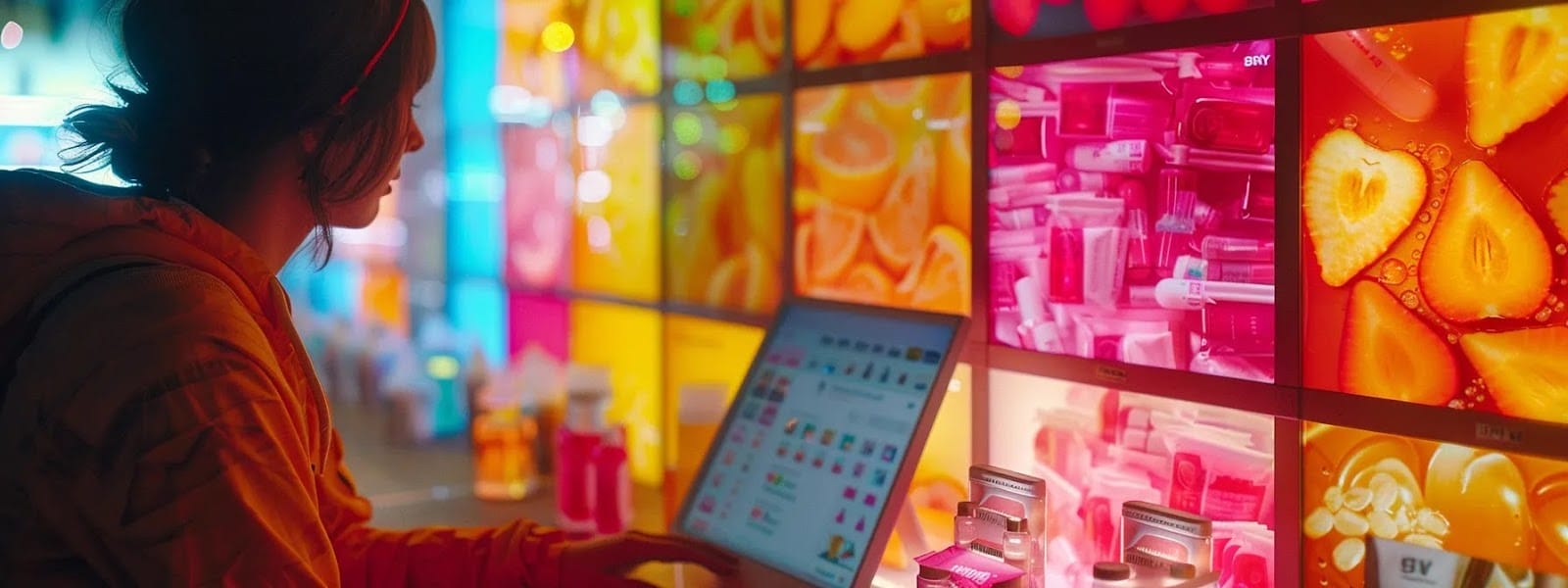 a person eagerly scrolling through a colorful array of nicotine pouch options on a computer screen, surrounded by images of pear punch and liquid lip flavors.