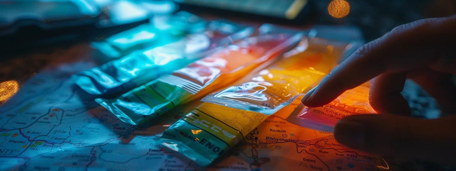 a hand scrolling through a variety of colorful nicotine pouch flavors on a smartphone screen, with a map showing real-time delivery tracking in the background.