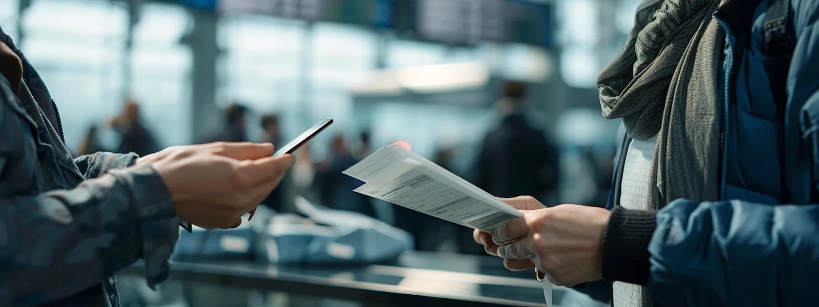 a person confidently presenting their paperwork to a customs officer at a border crossing.