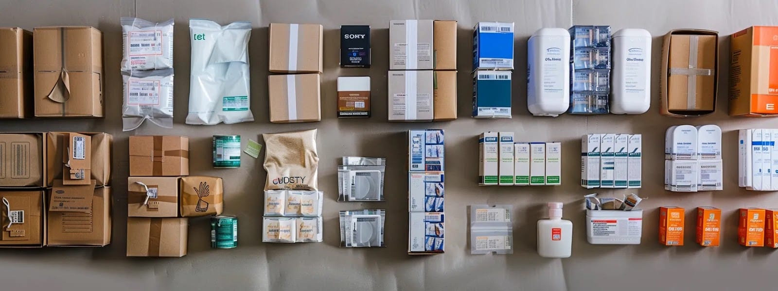 a photo of various international shipping methods lined up side by side, each showcasing different packaging solutions and tracking features for shipping nicotine pouches.