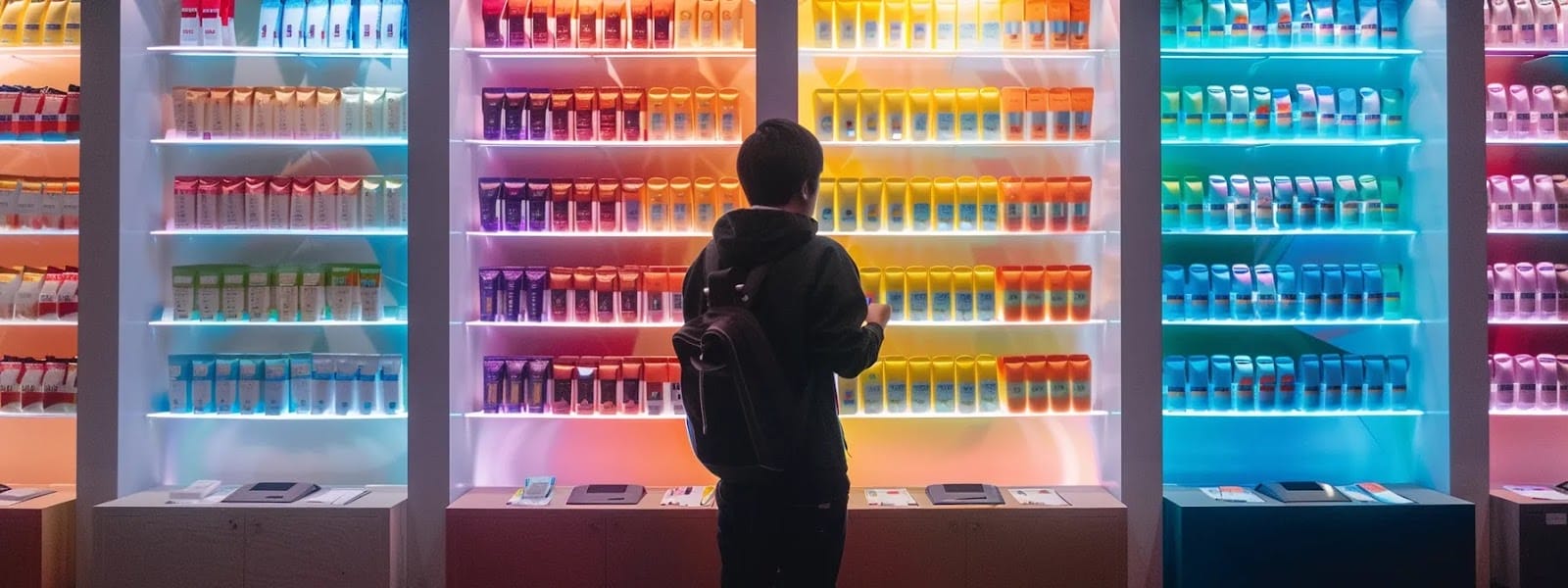 a person standing in front of a colorful display of nicotine pouches, examining the vibrant array of flavors and nicotine strength options available.