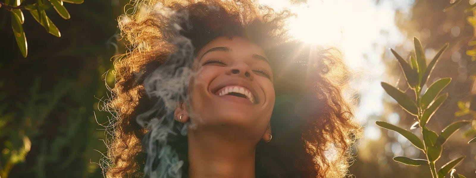 a vibrant image of a person smiling and enjoying a nicotine pouch, surrounded by fresh air and greenery, symbolizing a healthier lifestyle without smoking.