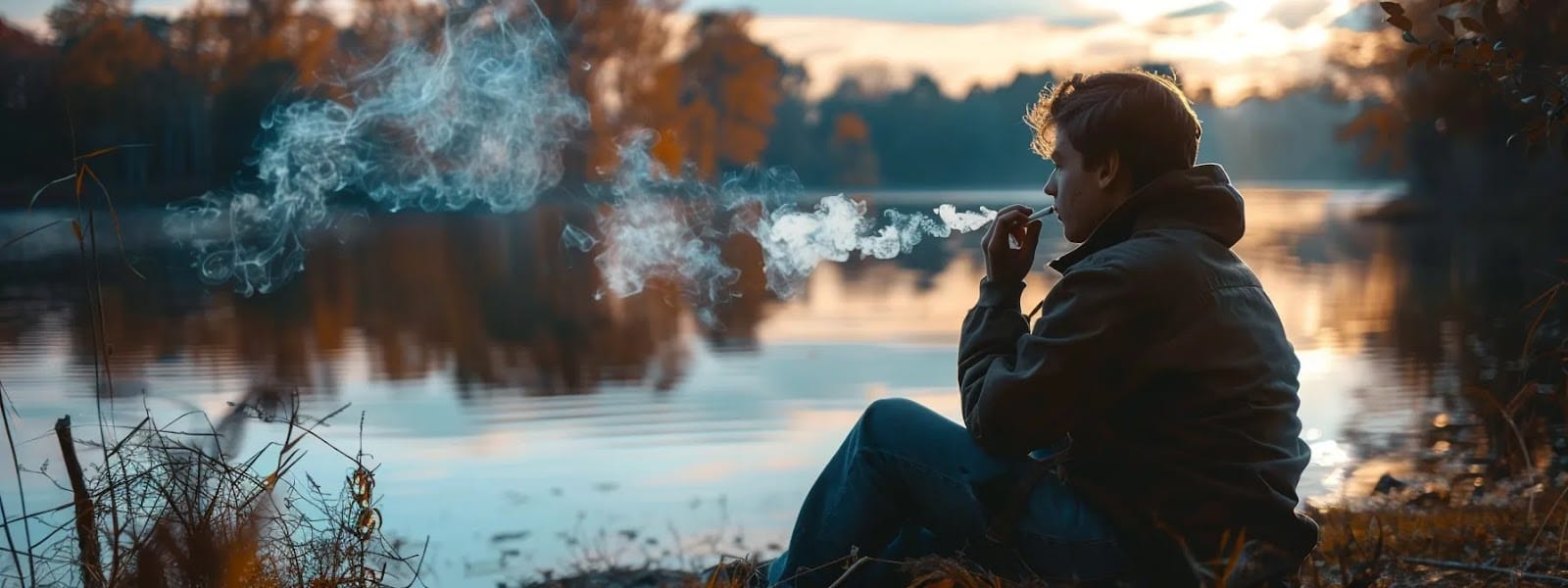 a person peacefully enjoying a nicotine pouch by a serene lake, with a look of contentment and relaxation on their face.