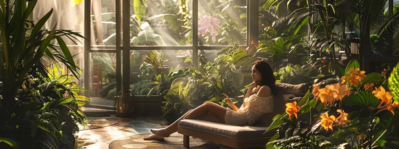 a serene, sunlit garden with a woman peacefully enjoying a nicotine pouch, surrounded by lush greenery and blooming flowers.
