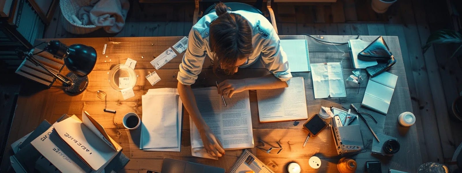a person deeply focused on a task, surrounded by clear, organized notes and a nicotine pouch nearby on a clean, clutter-free desk.