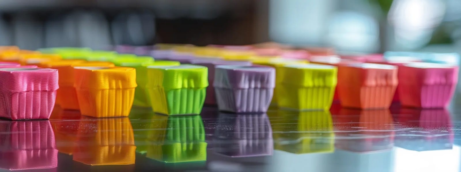 a colorful array of nicotine pouches, free from tobacco, displayed in a neat row on a sleek, modern countertop.