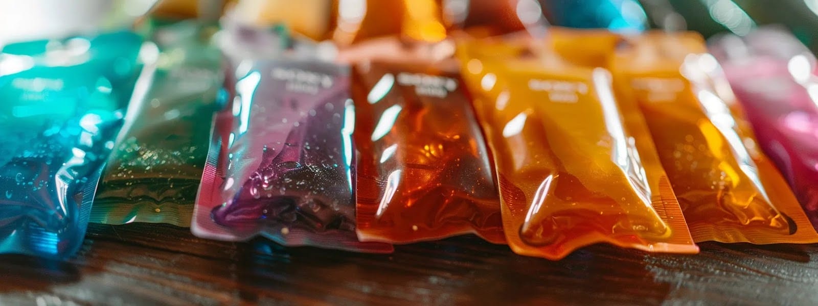 a close-up shot of a variety of colorful nicotine pouches lined up on a table, each with a different flavor label, showcasing the diverse options available for selection.