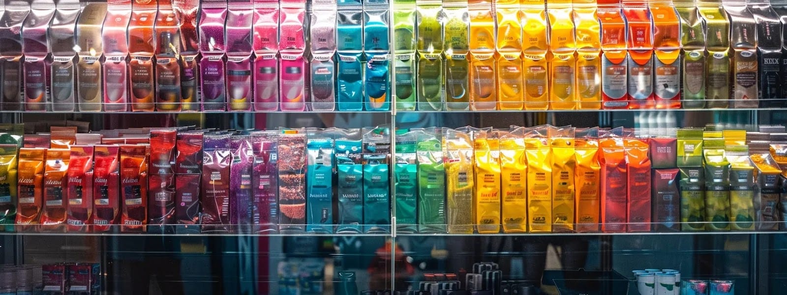 a vibrant display of assorted flavored nicotine pouches from leading brands, showcasing a variety of options for health-conscious consumers.