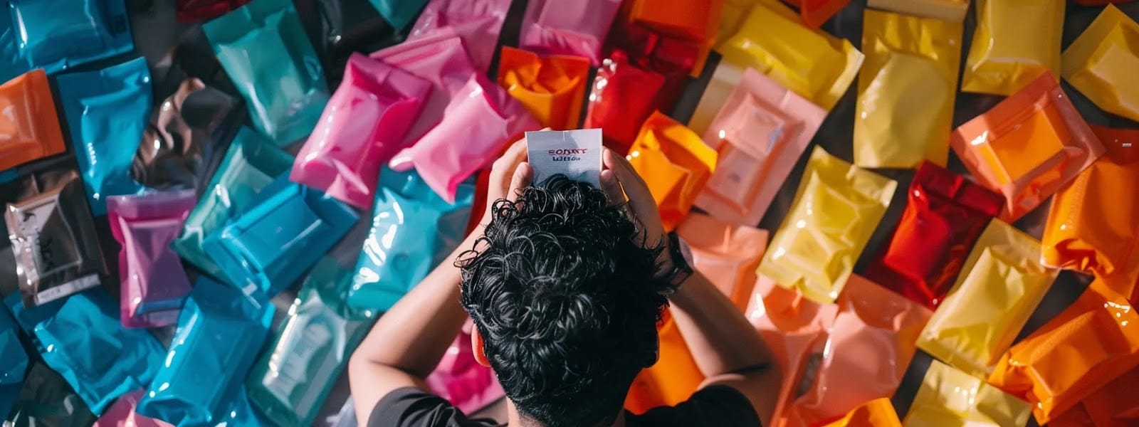 a person discreetly enjoying a flavorful tobacco-free nicotine pouch, surrounded by a variety of pouches in different colors and strengths.