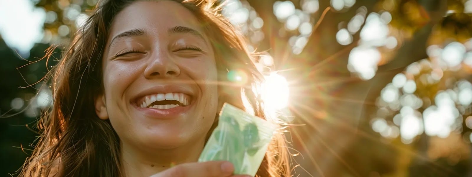 a person holding a smoke-free, mint-flavored nicotine pouch with a reassuring smile.
