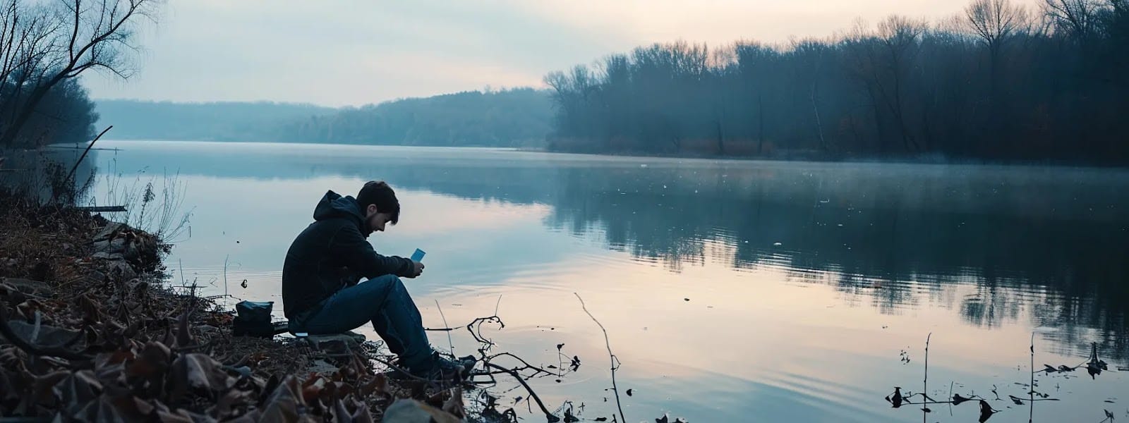 a tranquil moment captured by a serene lake, as a beginner carefully selects a low-concentration nicotine pouch, emphasizing the importance of starting slowly and paying attention to personal cues.
