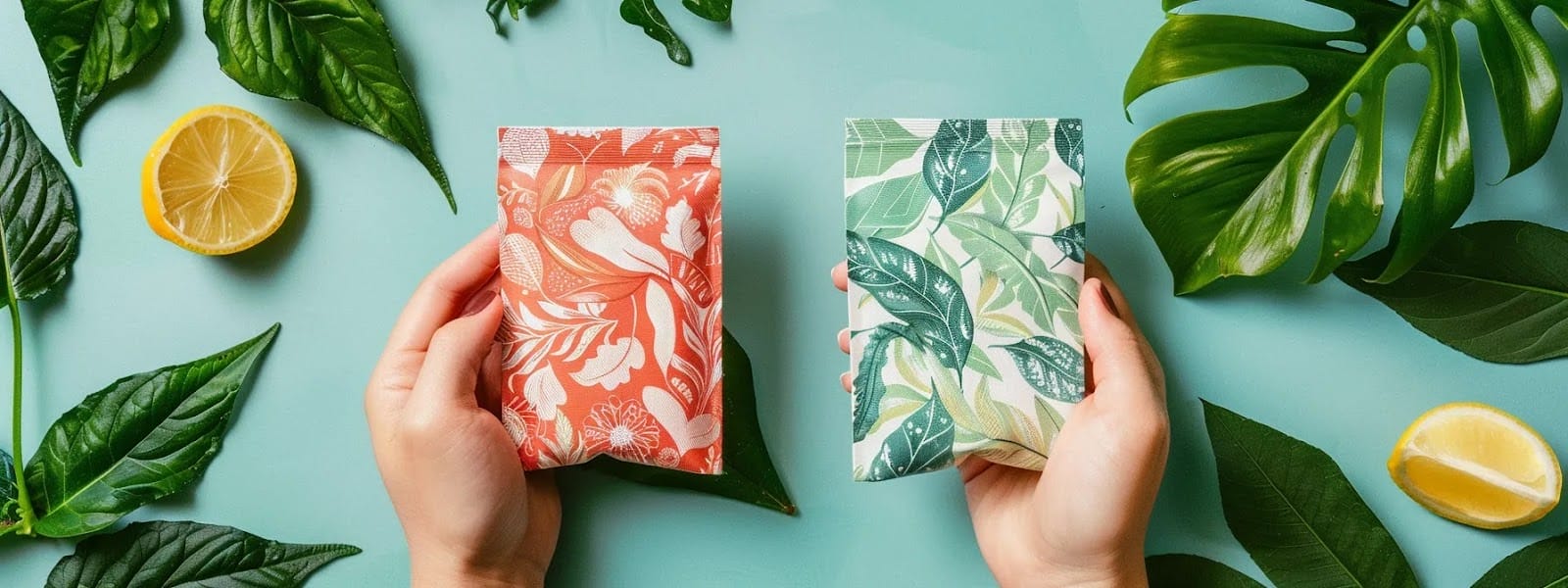 a hand holding up two different nicotine pouches, one with a vibrant peppermint design and the other with a calming wintergreen pattern, showcasing the variety of flavors available for selection.