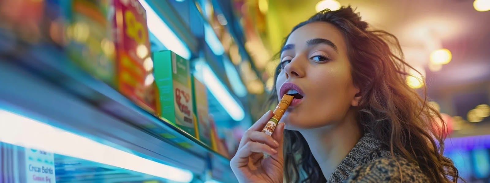 a woman confidently placing a nicotine pouch in her mouth, surrounded by colorful packaging and informational brochures.