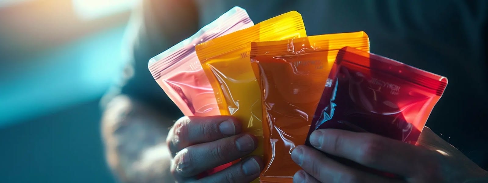a person holding a variety of colorful nicotine pouches, assessing the right strength and flavor for their personal preferences.