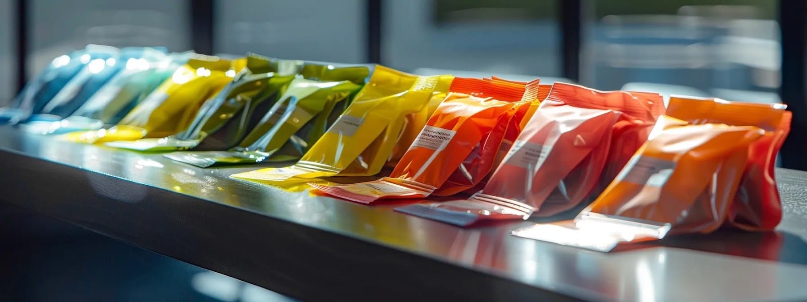 a colorful array of nicotine pouches in wintergreen and apple flavors displayed on a sleek, modern table.