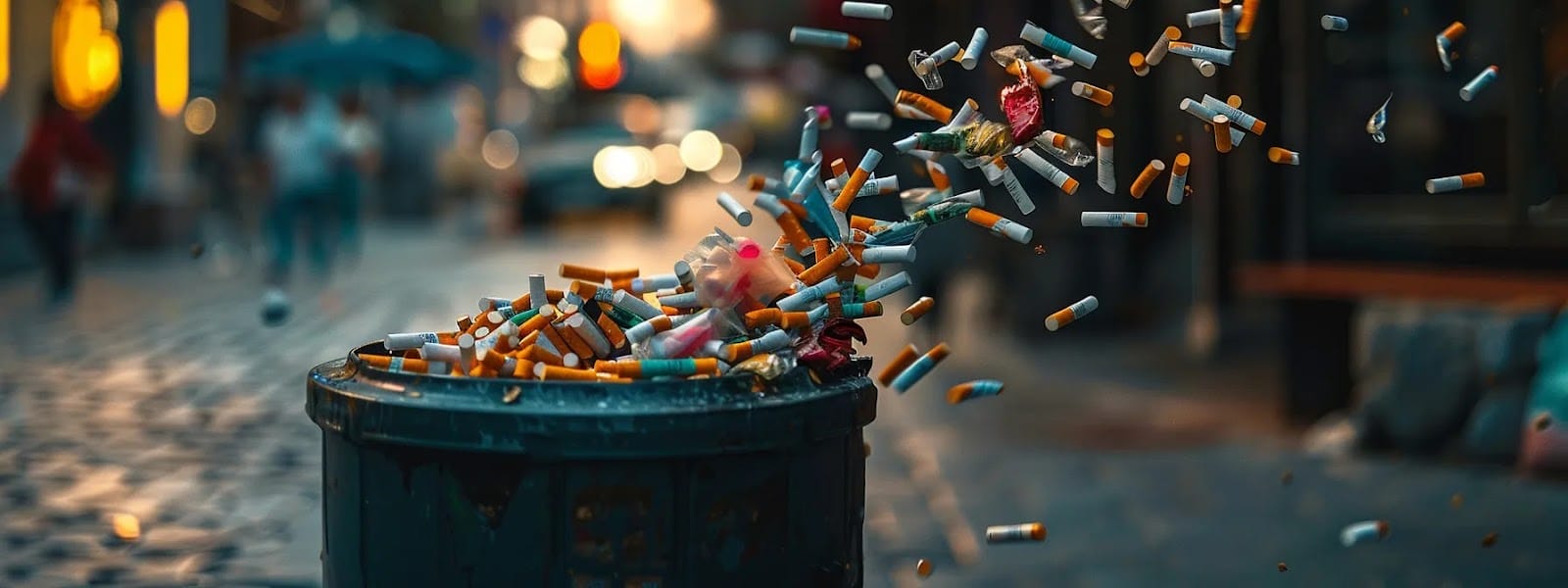 a person tossing traditional cigarettes into a trash can, with a clear pathway leading towards a colorful array of nicotine pouches.