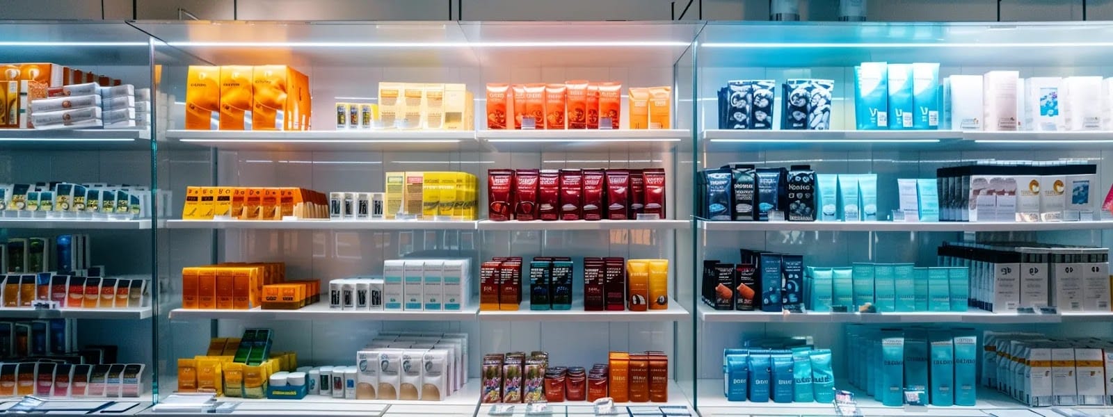 a display of various premium nicotine pouches in a well-lit, modern store setting, showcasing different brands tailored for beginners.