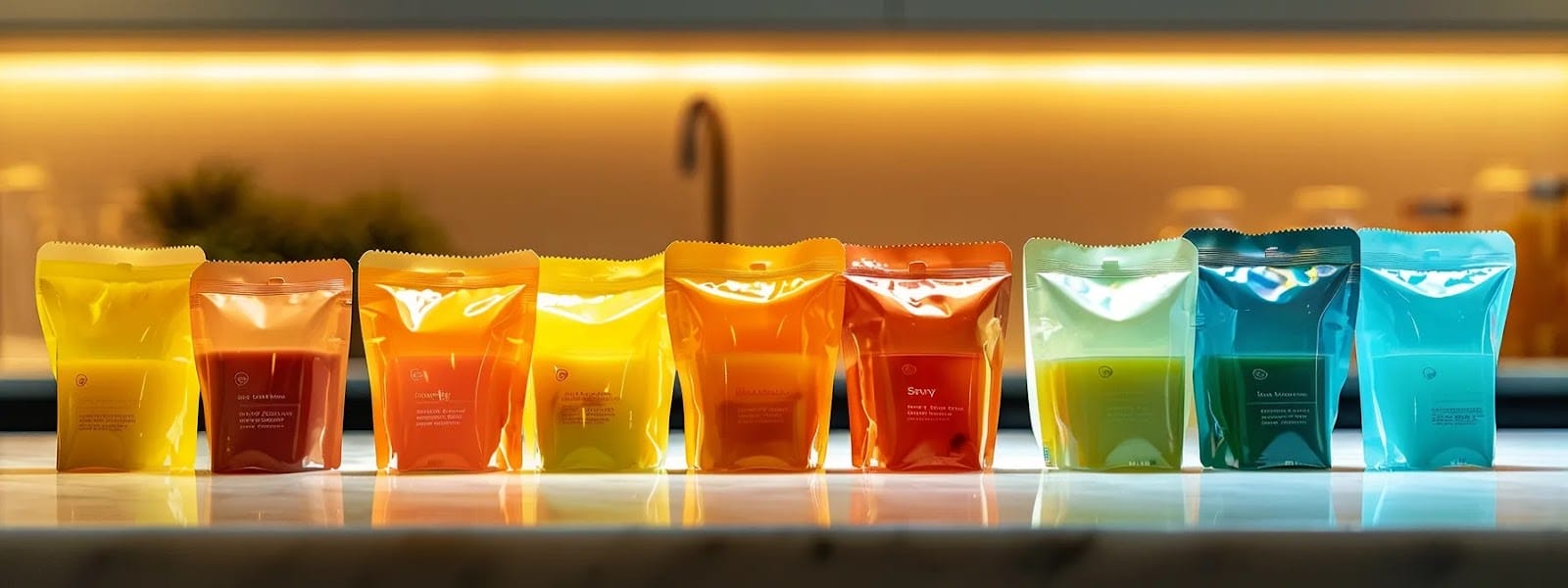 a colorful array of nicotine pouches in various flavors, neatly arranged in a row on a sleek, modern countertop.