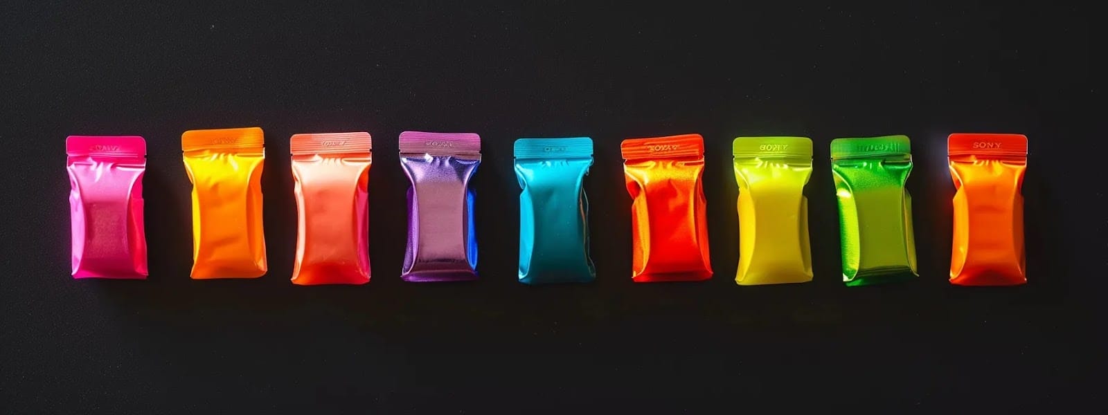 vibrant, colorful nicotine pouches neatly arranged in a row, showcasing the variety of flavors ranked.