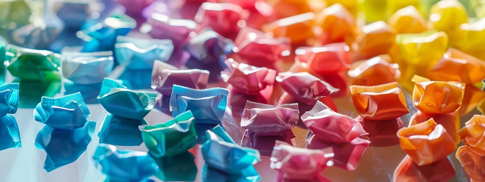 a vibrant display of various flavored nicotine pouches scattered on a sleek, modern tabletop.