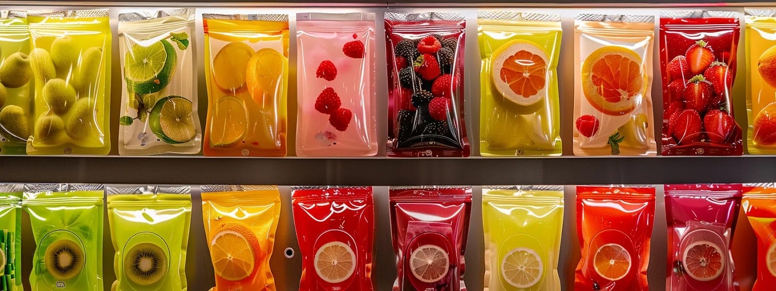 a vibrant display of assorted nicotine pouches, each exuding its unique flavor profile through colorful packaging and enticing fruit illustrations.
