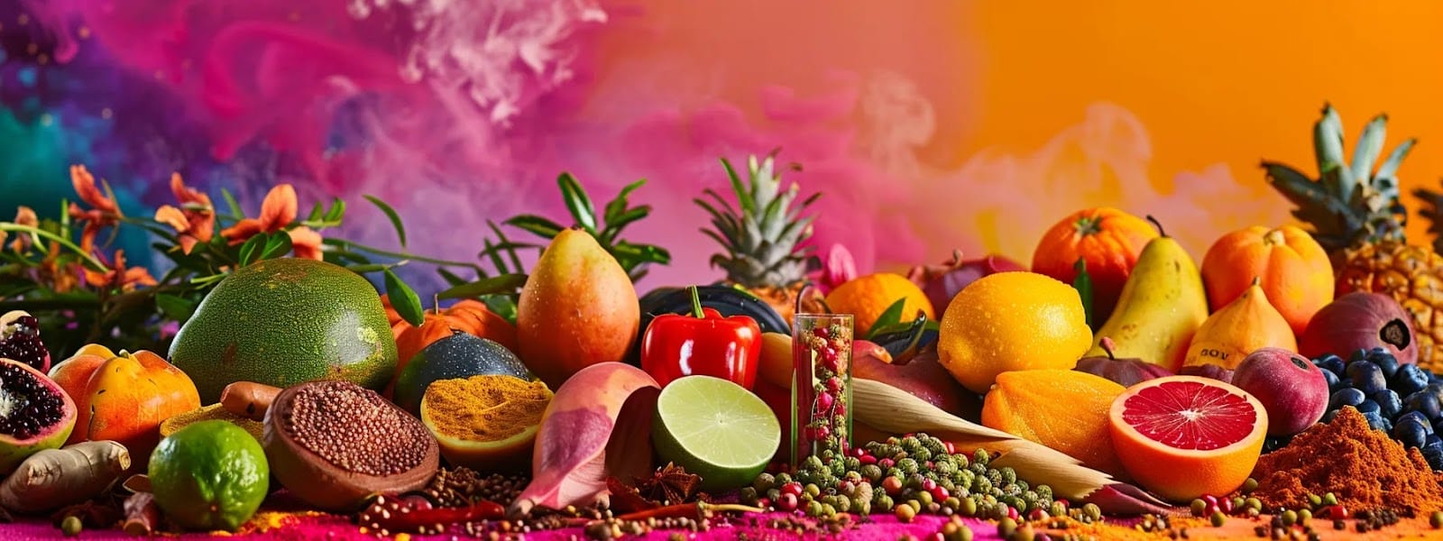 a colorful array of exotic fruits and spices on a vibrant backdrop, hinting at the exciting future flavors emerging in the nicotine pouch market.