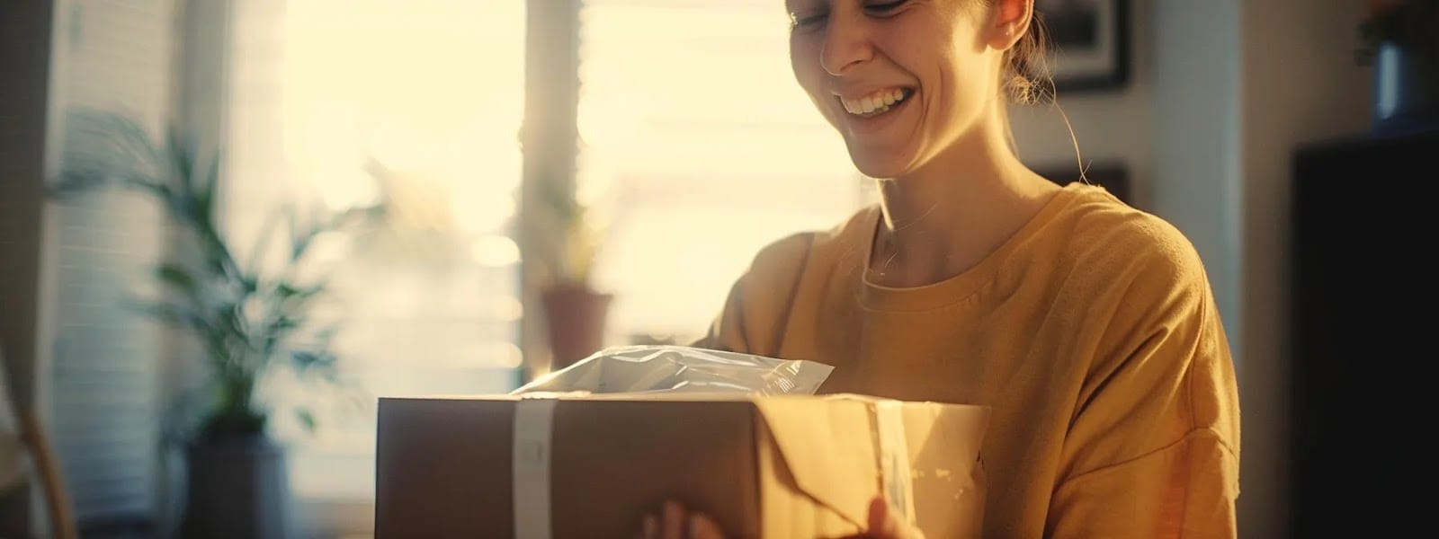 a person smiling with joy as they receive a perfectly packaged box of nicotine pouches with same-day delivery.