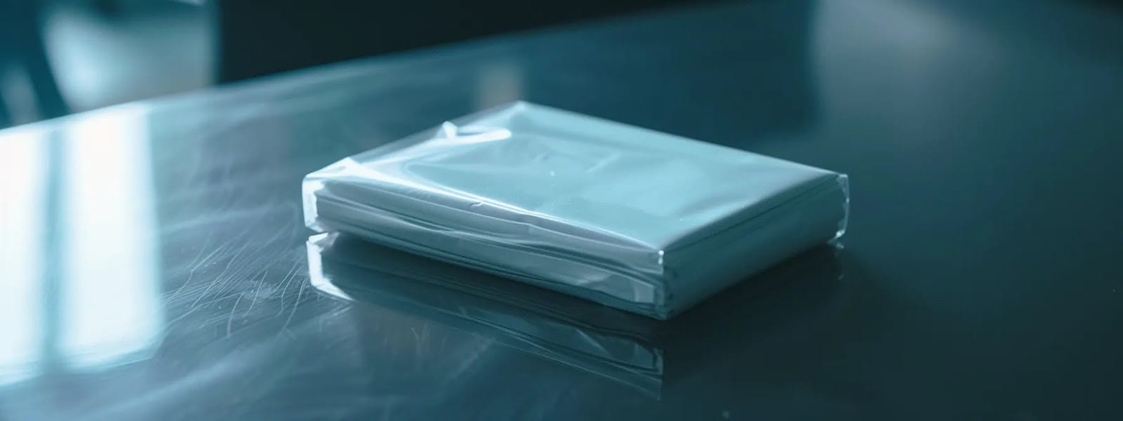 a close-up photo of a sleek, compact nicotine pouch packet resting on a clean, modern table surface.