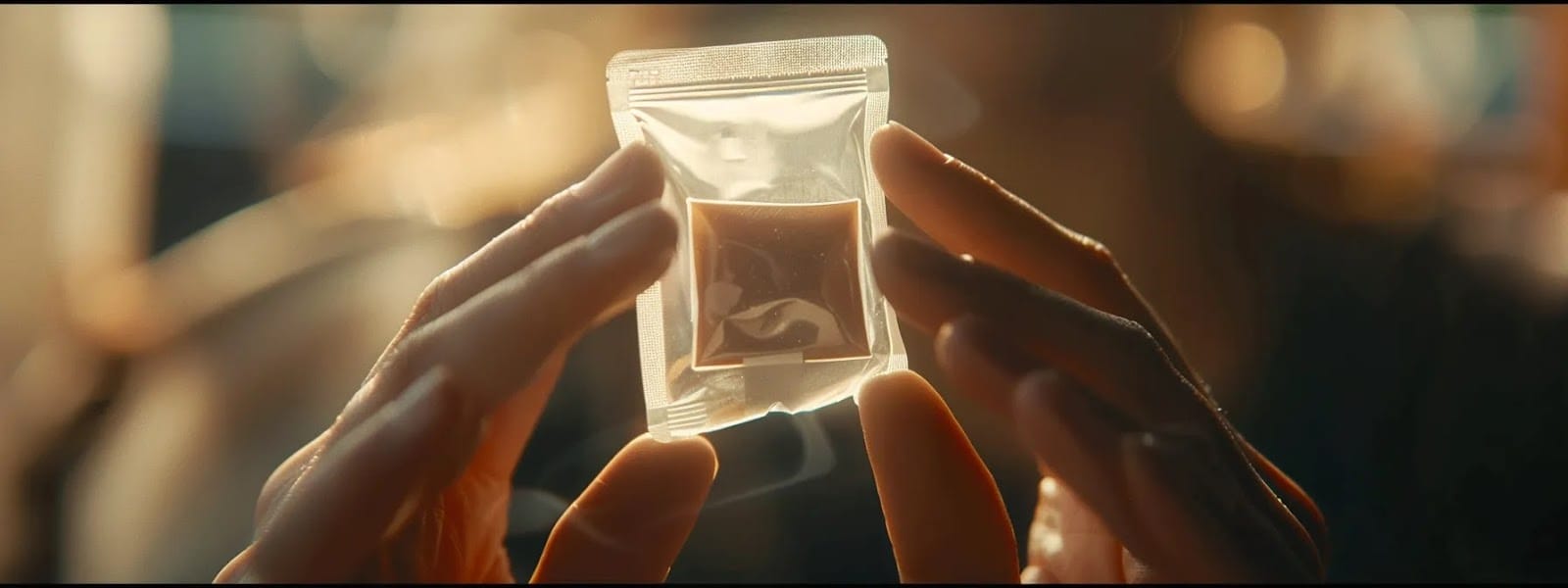 a person holding a zyn nicotine pouch with a look of relief on their face, surrounded by a calm and serene atmosphere.
