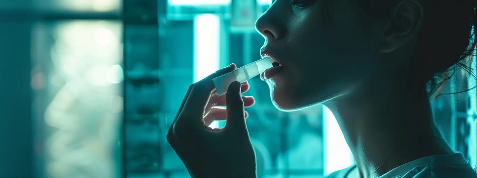 a person discreetly placing a mint-flavored nicotine pouch into their mouth, with a serene expression, highlighting the ease and convenience of stress management with this tobacco-free option.