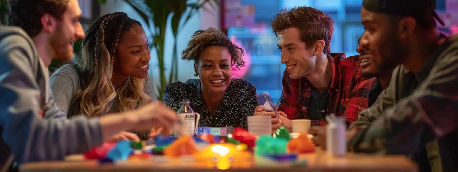 a group of diverse individuals sharing stories and insights around a table with colorful nicotine pouches in the center, creating a vibrant and engaging setting.