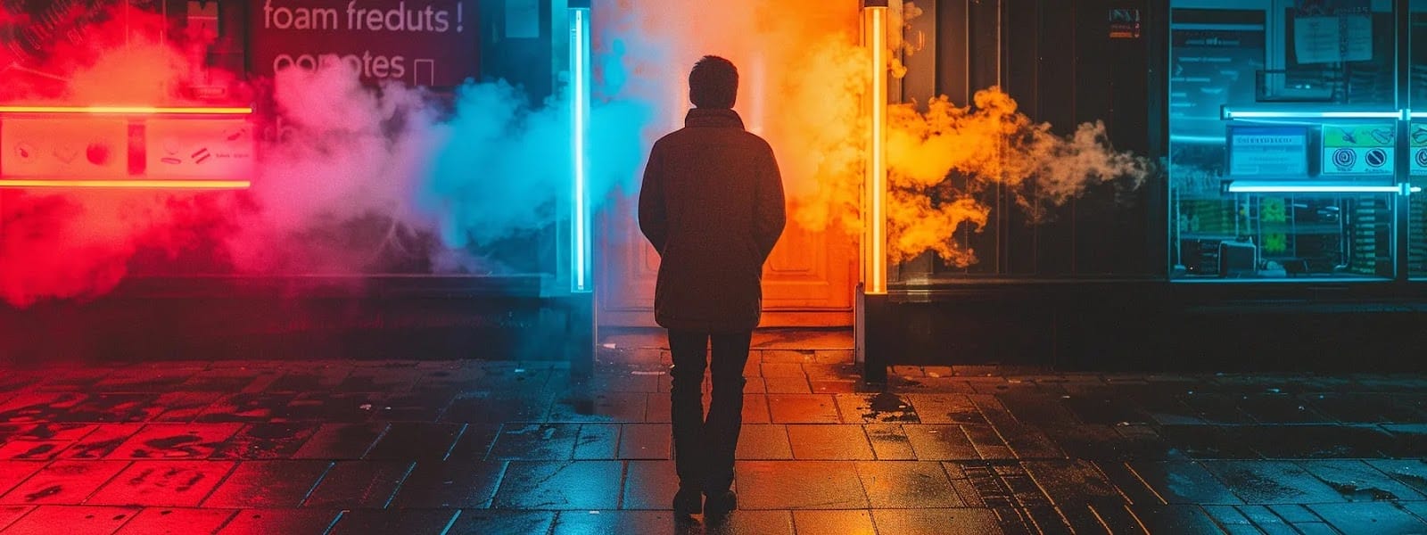 a person standing at a crossroads, with one path leading to vibrant flavors and convenience represented by colorful nicotine pouches, and the other path lined with caution signs and warnings about potential risks and nicotine dependence.
