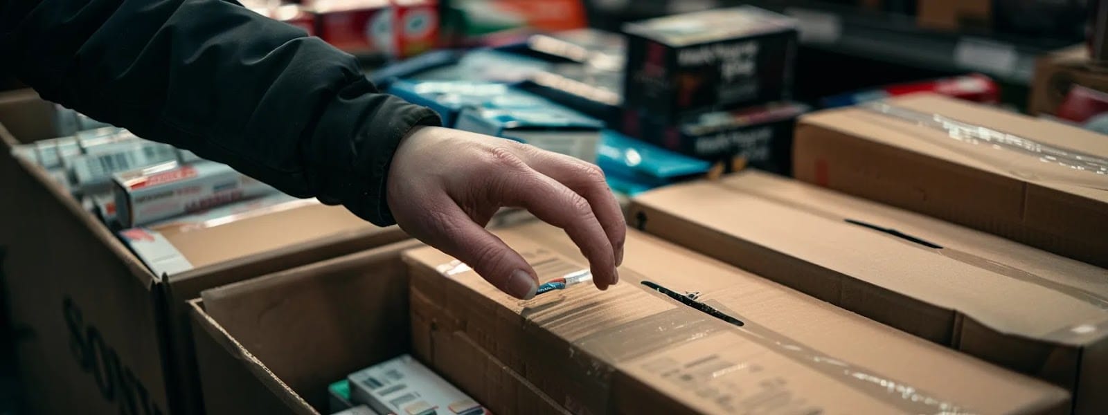 a hand reaching into a delivery box filled with a variety of nicotine pouches, showcasing the convenience and variety of same-day delivery options.